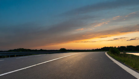Asphalt road and beautiful sky at sunset. Nature background of asphalt road.の素材