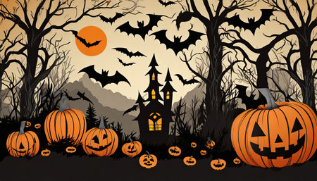 Halloween background with pumpkins and haunted house. Vector illustration.の素材