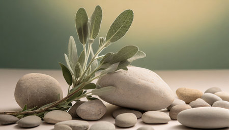 Stones and branch of sage on a white background. Spa still lifeの素材