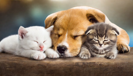 Cute dog and kitten sleeping together on wooden background. Selective focus.の素材