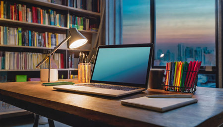 Laptop and stationery on table in library at night time.の素材