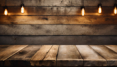 Empty wooden table for product display montage with light bulbs in backgroundの素材