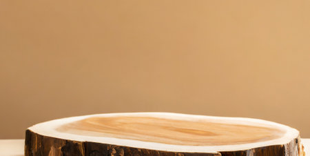 Wooden stand for product display, close-up on brown backgroundの素材