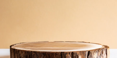 Wooden table top in front of beige background with copy spaceの素材