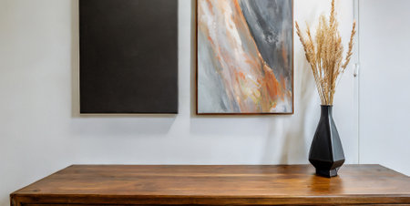 Empty wooden table and black vase decoration in living room interior - Vintage Light Filterの素材