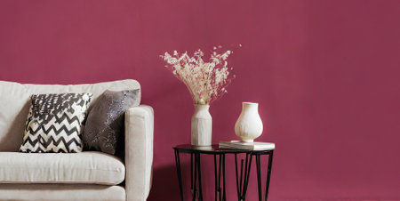 Interior design of living room with white sofa and vase with dried flowersの素材
