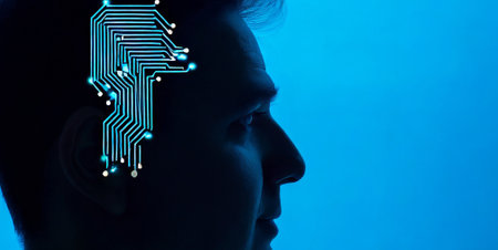 Concept of artificial intelligence. Silhouette of a woman with a circuit board on a blue backgroundの素材