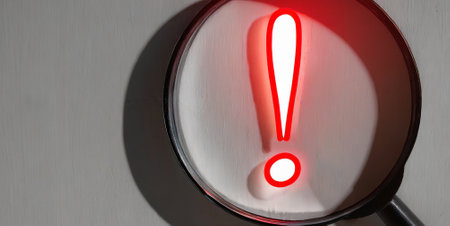 Red exclamation mark on a white wall with a magnifying glassの素材