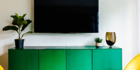 TV on green cabinet in living room with plant and pot decoration.の素材