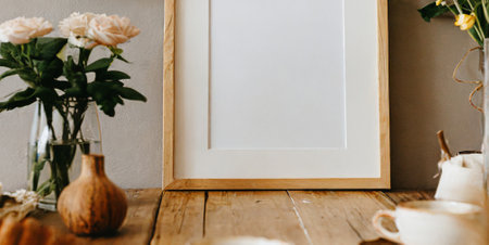 Blank white frame mockup on wooden table with flower vaseの素材