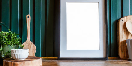 Blank white poster mockup on wooden table in modern cafe interiorの素材