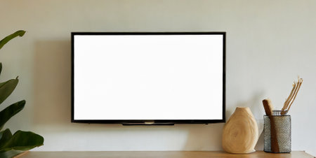 Mockup blank screen TV on wooden table in living room.の素材