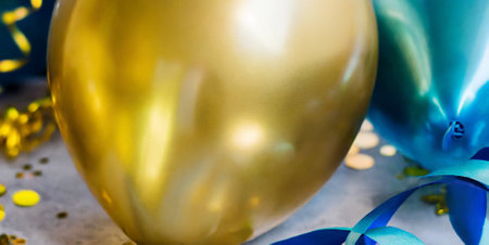 golden balloon with ribbons and confetti on a blue backgroundの素材