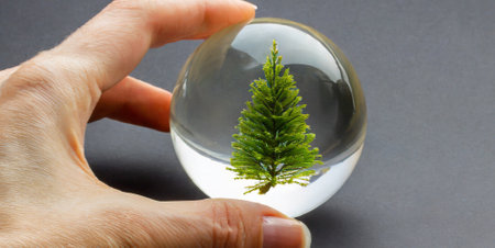 a small tree in a glass ball on a gray background, the concept of environmental protectionの素材