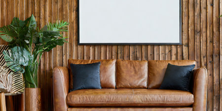 Interior design of modern living room with brown leather sofa, coffee table and plant.の素材