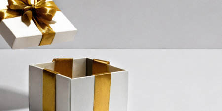 Gift box with gold bow on white background. Flat lay, top view.の素材