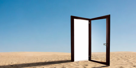 Open door in the desert with blue sky background. 3d renderingの素材