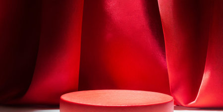 Red silk background with podium and red drapery, closeupの素材