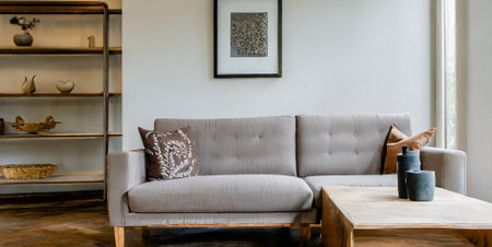 interior of modern living room with sofa and bookcase, stock photoの素材