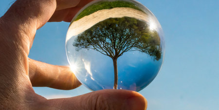 Crystal ball with tree in hand on blue sky background. Global warming conceptの素材