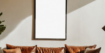 Blank picture frame on the wall with brown cushions in living roomの素材