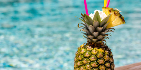 Pineapple cocktail on swimming pool background. Summer vacation concept.の素材