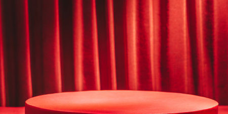 Red stage with red curtain background. 3d rendering, 3d illustration.の素材