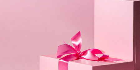 Pink gift box with pink bow on pink background. Copy space.の素材