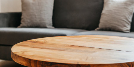 Empty wooden table and sofa decoration in living room interior - Vintage Light Filterの素材