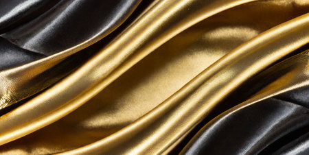 Golden and black satin fabric texture for background. Close up.の素材
