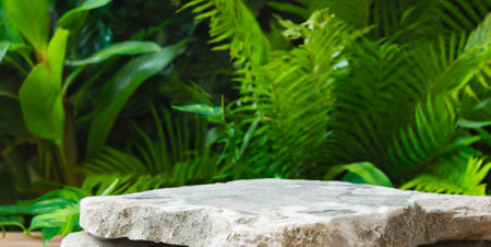 Empty marble stone table top on blur green nature garden background. For product displayの素材