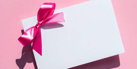 Gift card with pink bow on pink background. Top view.の素材