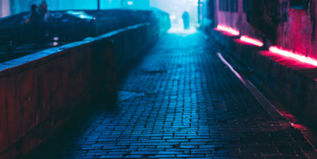 Night city street with neon lights and people silhouettes. Long exposureの素材