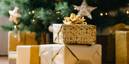 Christmas presents under the Christmas tree. Gifts in gold wrapping paper with ribbons and bows.の素材