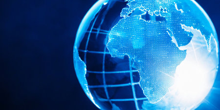 Globe with digital world map on dark background. Global business concept.の素材