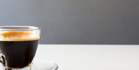 Espresso coffee in glass cup on white table and gray backgroundの素材