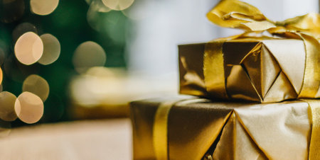 Christmas and New Year gift boxes with gold ribbon on bokeh backgroundの素材