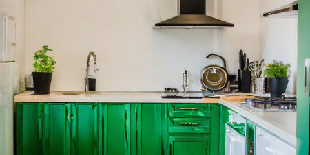 Interior of a modern kitchen with green and white cabinets and islandの素材