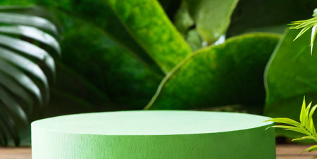 Green podium for product display with palm leaves on background. 3d renderingの素材