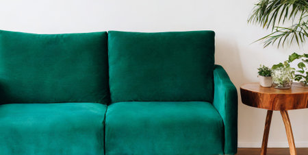 Green sofa in the living room with a coffee table and a plantの素材