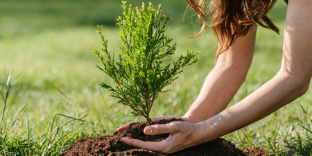 Woman planting a tree in the garden. Selective focus. nature.の素材