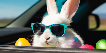 Cute white rabbit in sunglasses with easter eggs in the carの素材