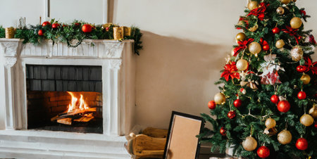 Christmas tree with red and gold decorations in a room with a fireplaceの素材