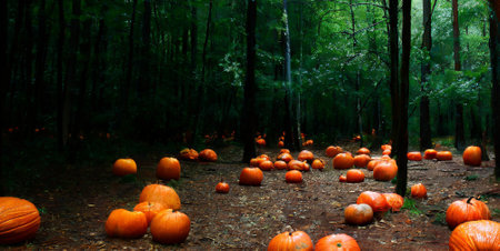 Halloween pumpkins in the forest, halloween background.の素材