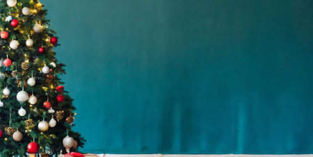 Christmas tree with red and gold ornaments on blue wall backgroundの素材