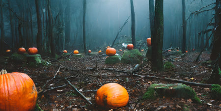 Halloween pumpkins in foggy forest. Halloween holiday background.の素材
