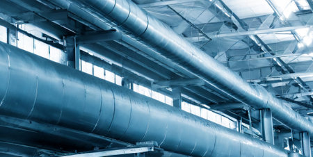 Industrial zone, Steel pipelines and cables in blue tones. Industrial backgroundの素材