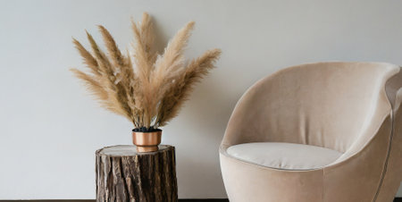 White armchair and pampas grass in vase on woodの素材