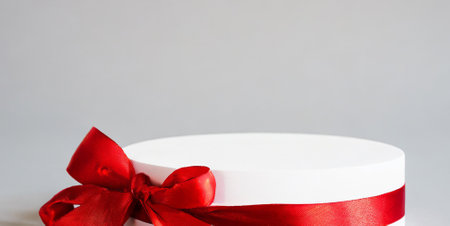 White round gift box with red ribbon and bow on white background.の素材