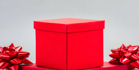 Red gift box with red bow on gray background. Copy space.の素材